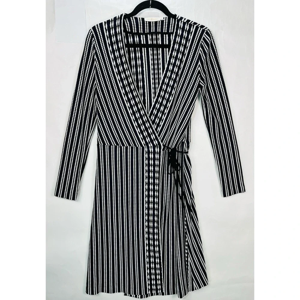 Tory Burch Navy Oxford Stripe Jacquard Wrap Dress Women's Size S‎ Luxury Chic